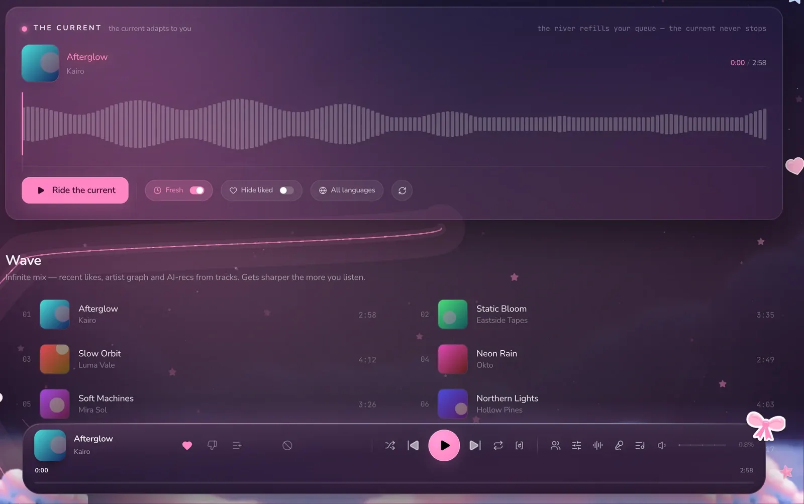 Player with the Sugar Cloud theme: night sky, pink clouds, the Wave and the player bar
